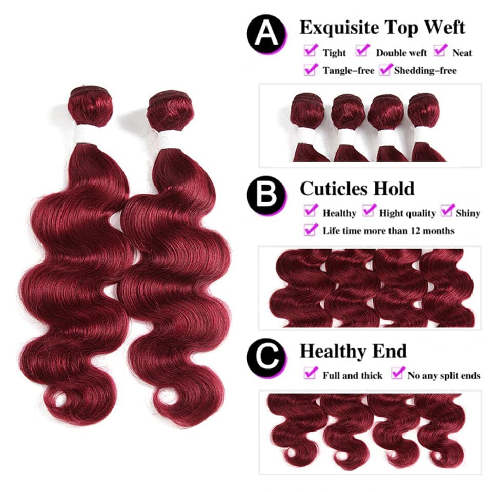 Red Bundles Burg body wave 4 Bundles 100% Virgin Human Hair Extension