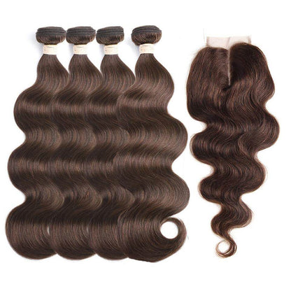 #4 Brown Body Wave 4 Bundles With 4x4 Lace Closure Pre Colored human hair
